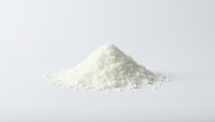 Pile of white granulated sugar on white background, bright, culinary photography