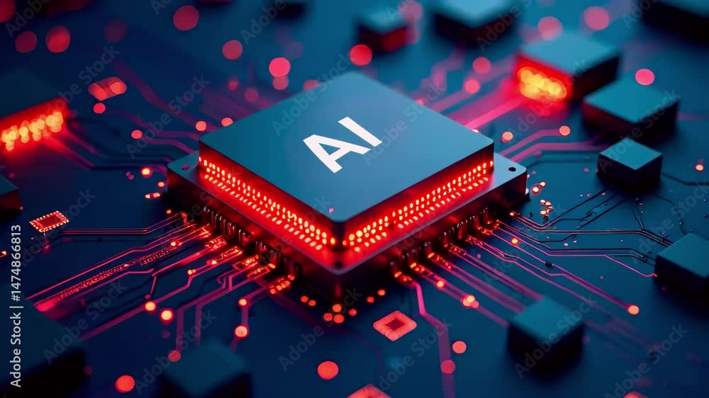 Poster Digital Data moving on Circuit Board and CPU. Computer Processing and organizing data. Abstract high tech Artificial intelligence AI, data mining, modern computer technology surface
