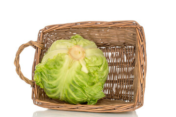 One cabbage in a basket, close-up, isolated on a white background.