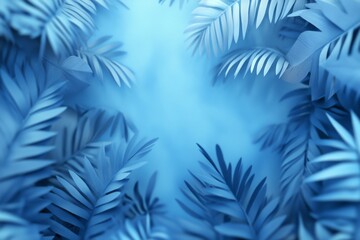 tropical leaves in a blue color on a background. Minimal summer concept, banner design with copy space for text.