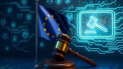 Gavel and European Union Flag Beside Digital Law Interface Representing EU Cyber Regulation, Digital Justice and Governance

 - Powered by Adobe