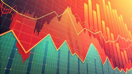 Colorful financial graphs with fluctuating lines and bar charts depicting market trends, analysis, and data visualization on a digital background.