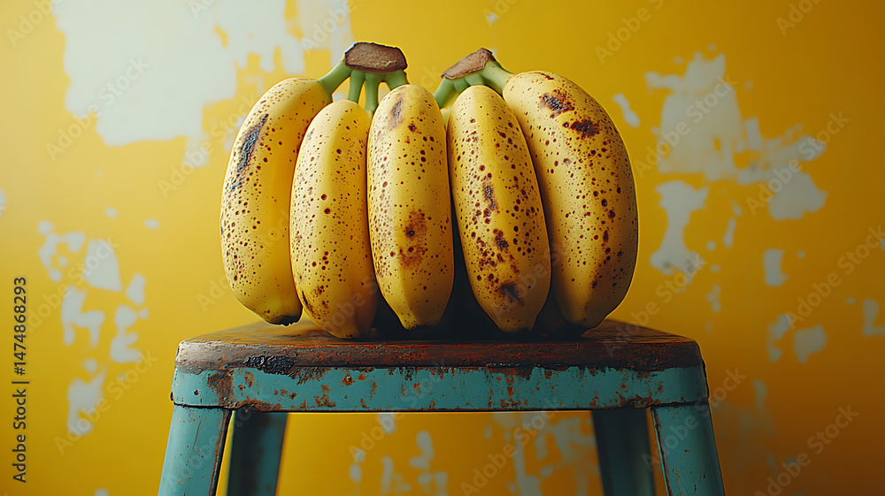 Poster fresh ripe bananas arranged on rustic stepladder against vibrant yellow background create cheerful a