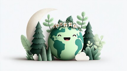 Happy planet Earth with a floral crown, nestled among green trees and plants in a whimsical, eco-friendly scene. A celebration of nature and environmental awareness.