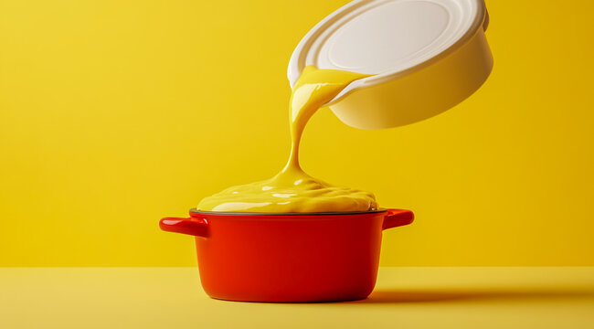 Yellow sauce being poured into red pot against a vibrant yellow background. - Powered by Adobe