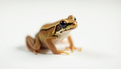 Small brown frog on plain white backdrop, delicate features, pure, macro