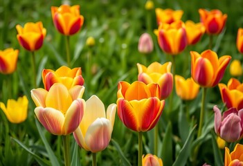 Obraz premium Vibrant tulips bloom in a spring meadow, colorful petals against green grass, macro, vibrant