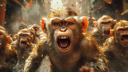 Group of monkeys is engaged fierce confrontation indoors, showcasing their aggressive expressions and dynamic movements. scene is filled with energy and intensity, capturing raw emotion of moment