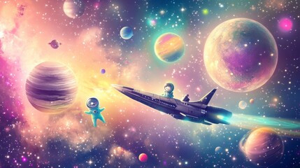 Naklejka premium Colorful space scene with astronauts and planets.