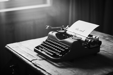 A vintage typewriter with a piece of paper that says the end in a dimly lit room near a window