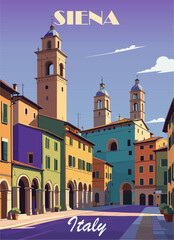 Obraz premium Siena, Italy travel destination poster in retro style. Colorful cityscape vector art illustration