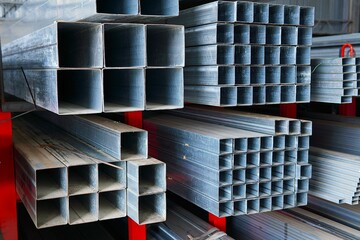 Industrial storage of building metal profiles. The warehouse is filled with a large number of new galvanized hollow square steel beams, each 6 meters long.