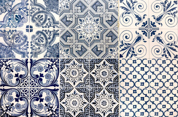 Colonial heritage patterned tiles in random floral, star, ornamental, engraving, and other abstract...