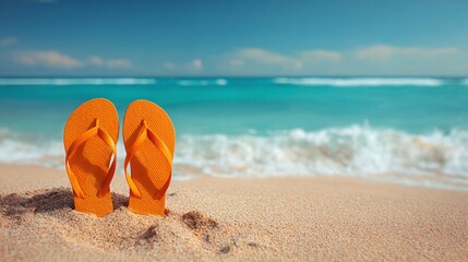 Obraz premium Beach Getaway: Enjoy the sun, sand, and sea. Slip into relaxation with these comfortable flip-flops for a perfect vacation vibe.