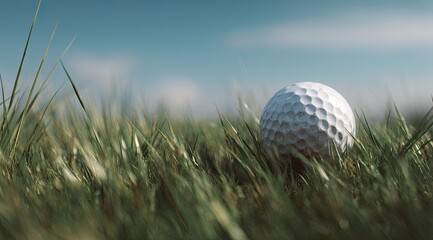 Golf ball nestled in vibrant green grass under a clear blue sky (1)