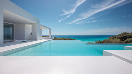 Fototapeta premium A modern, luxurious villa with an infinity pool facing the ocean under a vibrant blue sky.