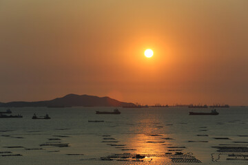 Sea is filled with cargo ships and fishing boats at dusk.