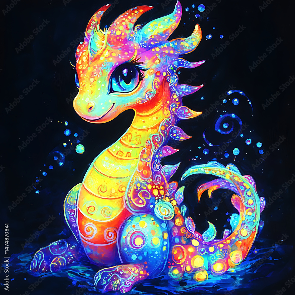 Poster vibrant and colorful dragon character with large expressive eyes, adorned with swirling patterns and
