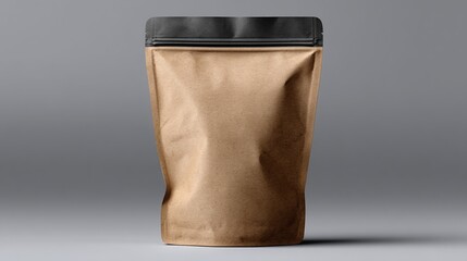 A minimalist brown paper pouch with a black top and sealed zipper closure stands against a neutral gray backdrop, perfect for eco-friendly packaging.