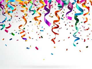 Colorful streamers and confetti on a white background.  A celebratory, festive design with various colors of ribbons and small pieces of confetti