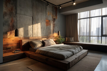 Cozy bedroom interior with wooden bed and neutral textiles