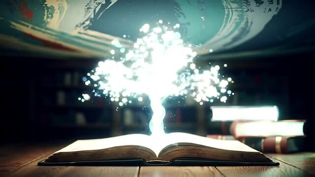 concept of education Stack of books in the library, a tree of knowledge in the opening of an old book in the library. Beautiful background