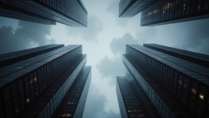 Skyscrapers reaching towards a cloudy sky in a financial district, symbolizing ambition and urban development.