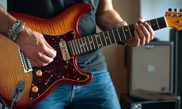 Man Playing Sunburst Electric Guitar with Red Pickguard Wearing Blue Jeans in Soft Lighting