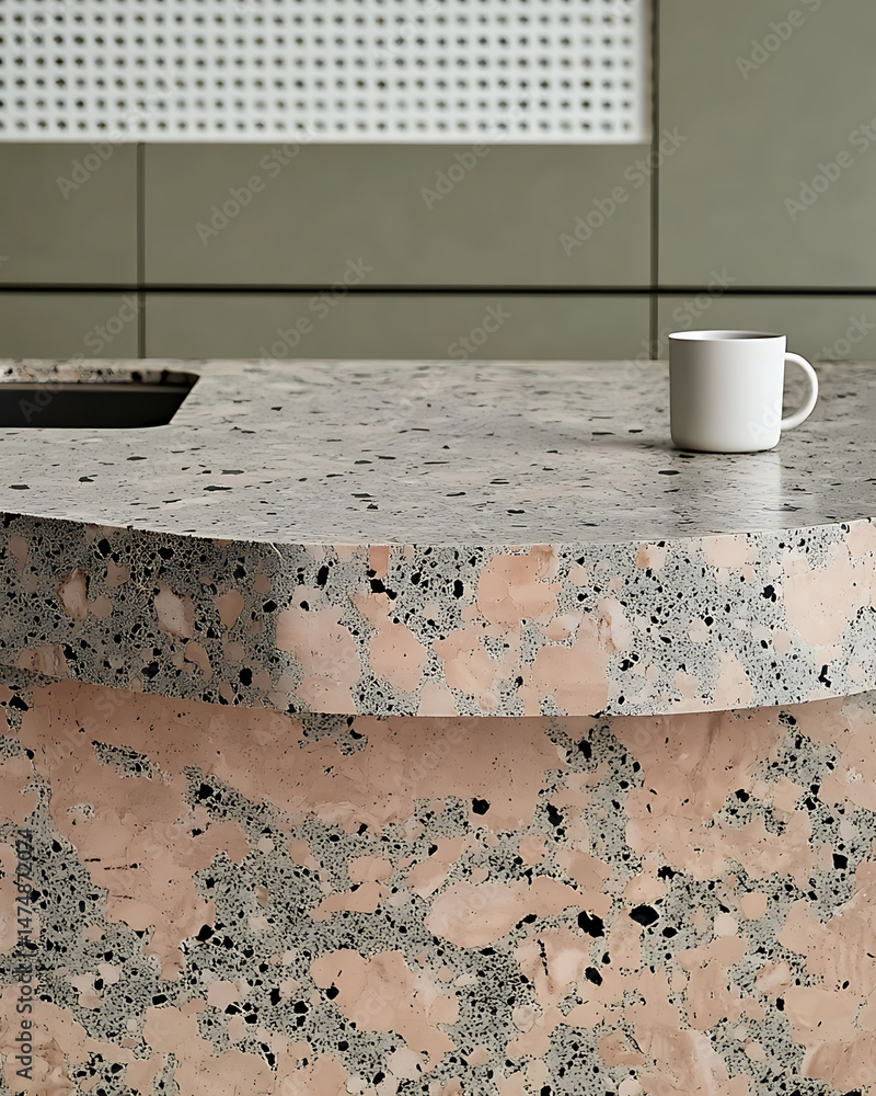Poster modern curved kitchen island with smooth rounded countertop featuring unique terrazzo design in shad