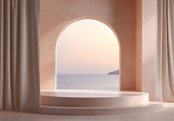 Serene coastal scene viewed through arched window, sunlight illuminates minimalist platform