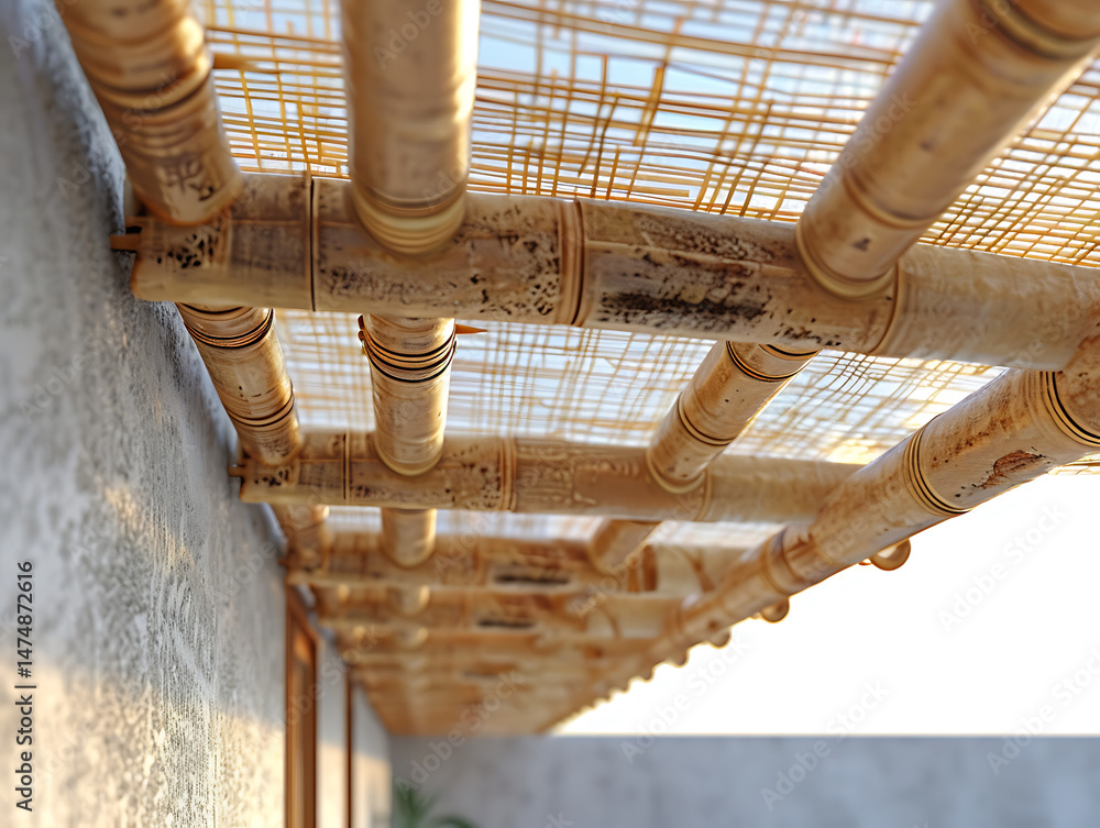 Poster bamboo structure with natural finish creates warm and inviting atmosphere, perfect for outdoor space