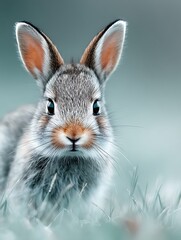 Fototapeta premium A Small Rabbit Eating Fresh Grass in the Bright Morning