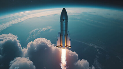 A rocket launch, ascending powerfully through clouds and the vast expanse of space and the stars.