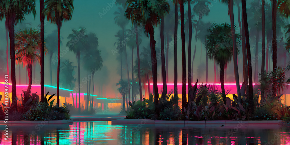 Poster surreal and vibrant 3d rendering on a dark teal background, featuring a cluster of palm trees with g