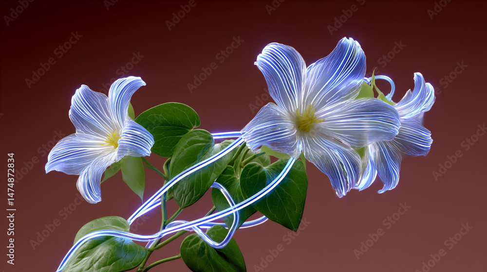 Poster surreal and vibrant 3d rendering on a deep crimson background, featuring lush vines and glowing flow