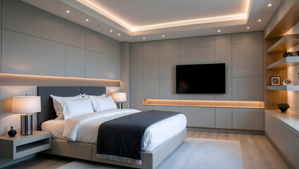 A luxurious modern bedroom at night with a minimalist design-1