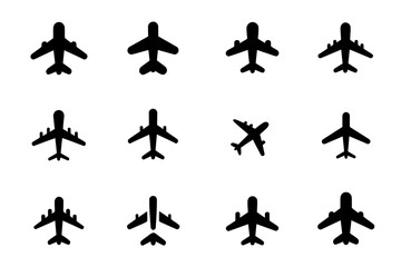 Airplane silhouette vector icon set flying travel