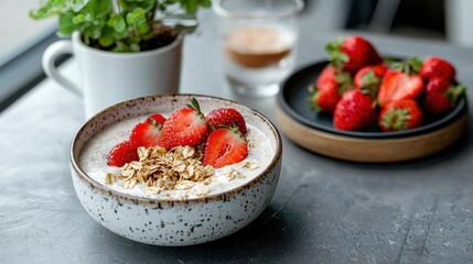 Bowl of oatmeal with fresh strawberries and granola on top. the bowl is white with black speckles and is placed on a gray countertop.