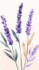 Naklejka premium Watercolor style vector illustration of purple lavender sprigs with green and brown leaves minimalist floral design on light background