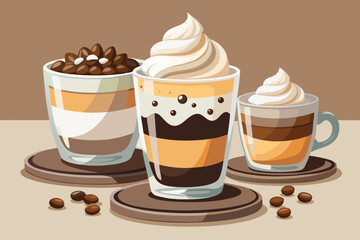 Three Delicious Layered Coffee Drinks with Whipped Cream