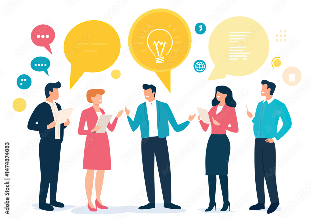 Poster business people standing in discussion with speech bubbles and light bulb icon representing idea sha
