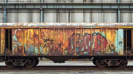 Vintage train car covered in colorful graffiti art.