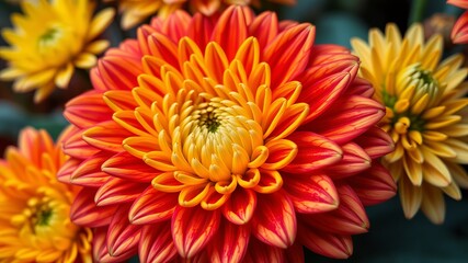 Obraz premium A vibrant orange and yellow dahlia flower blooms beautifully in close-up detail showcasing its intricate petals and rich colors.