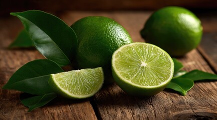 Fresh limes and leaves on rustic wood