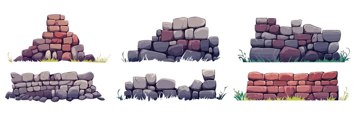 Set of six cartoon stone wall ruins with broken ancient rock bricks and old mossy boulders in flat minimalist vector style for castle and fence elements design