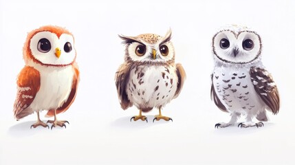 Fototapeta premium Three adorable cartoon owls with distinct colors.
