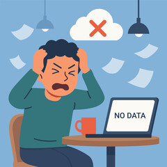 Frustrated man holding head, data loss, no internet connection or cloud error, flat vector illustration