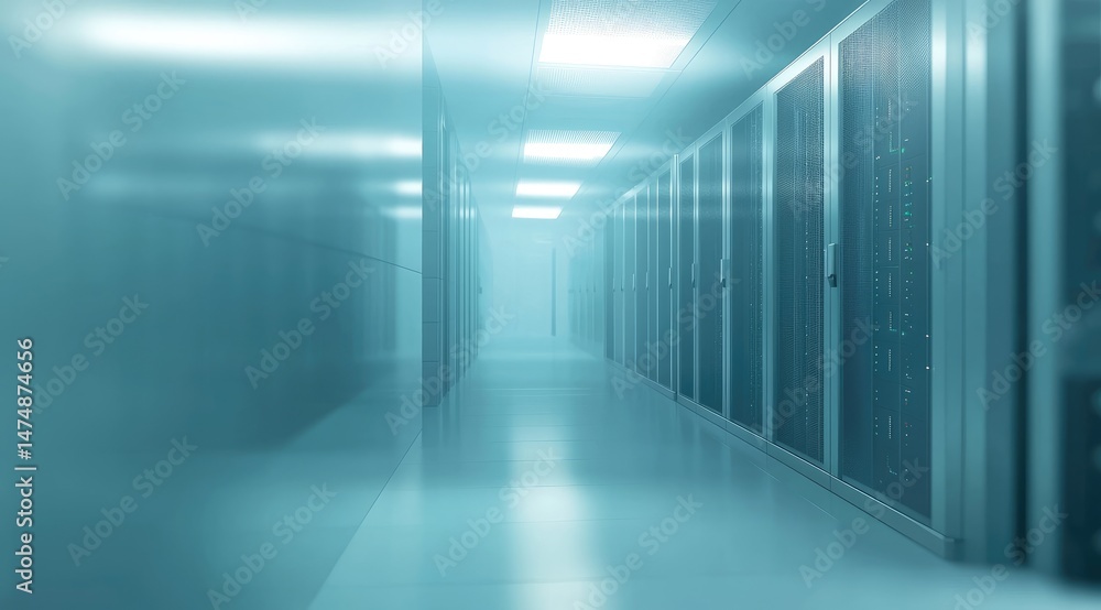 Poster a sleek hallway inside a modern server room with cool blue lighting and glass-fronted server cabinet