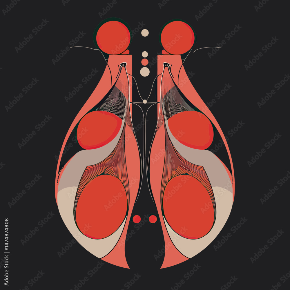Aufkleber abstract symmetrical minimalist vector art with organic shapes and curved lines in warm red and beig