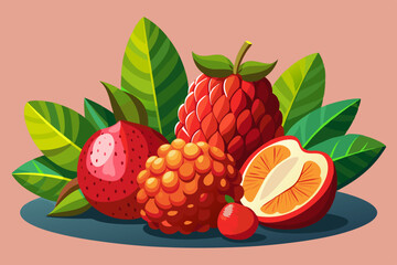 Vibrant Red and Orange Fruits with Lush Green Leaves